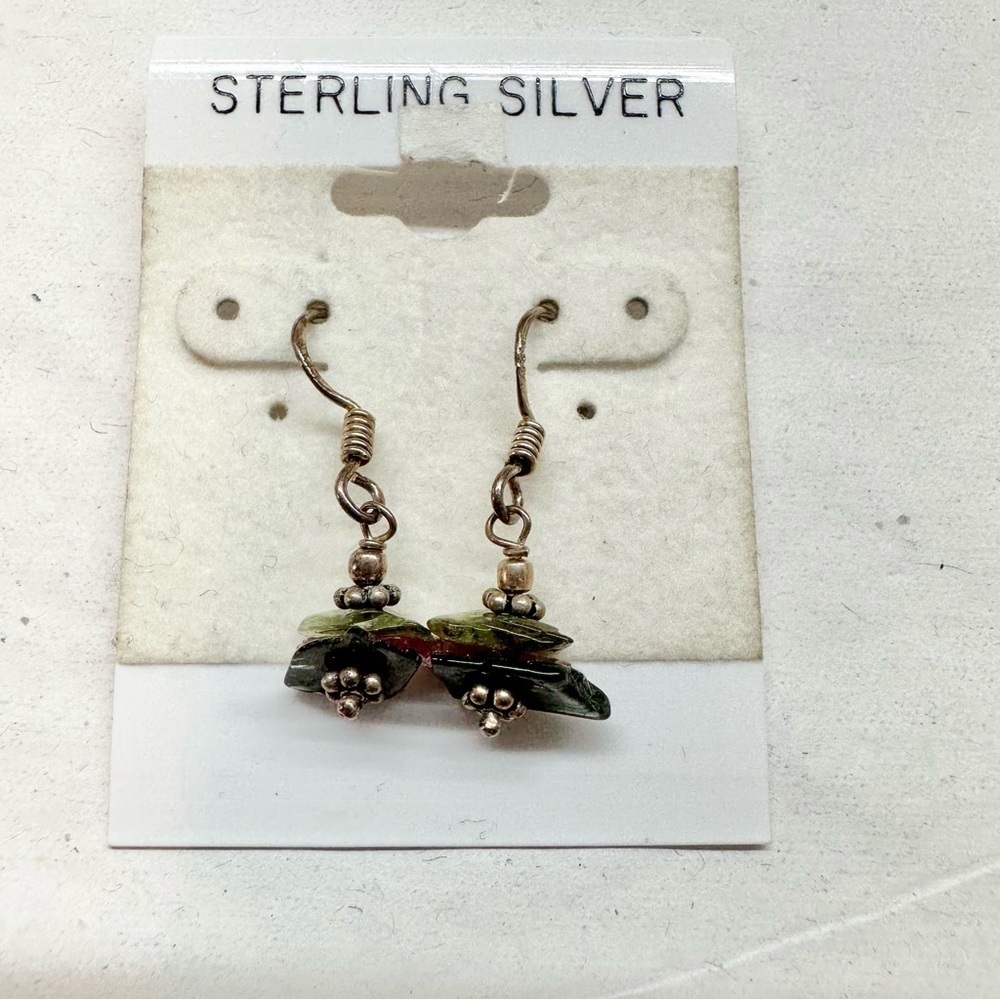 Sterling Silver Green Purple Dangle Earrings Natural Stones - Picture 9 of 10